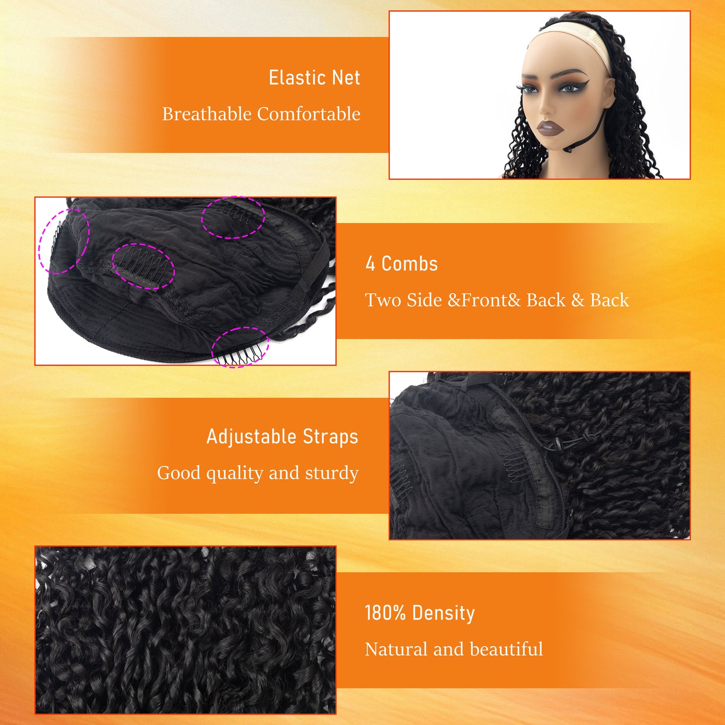 Wholesale 3 in 1 Half Wig Curly 180% Density Half Head Wig Curly Drawstring Seamless Clip In Human Wig No Glue