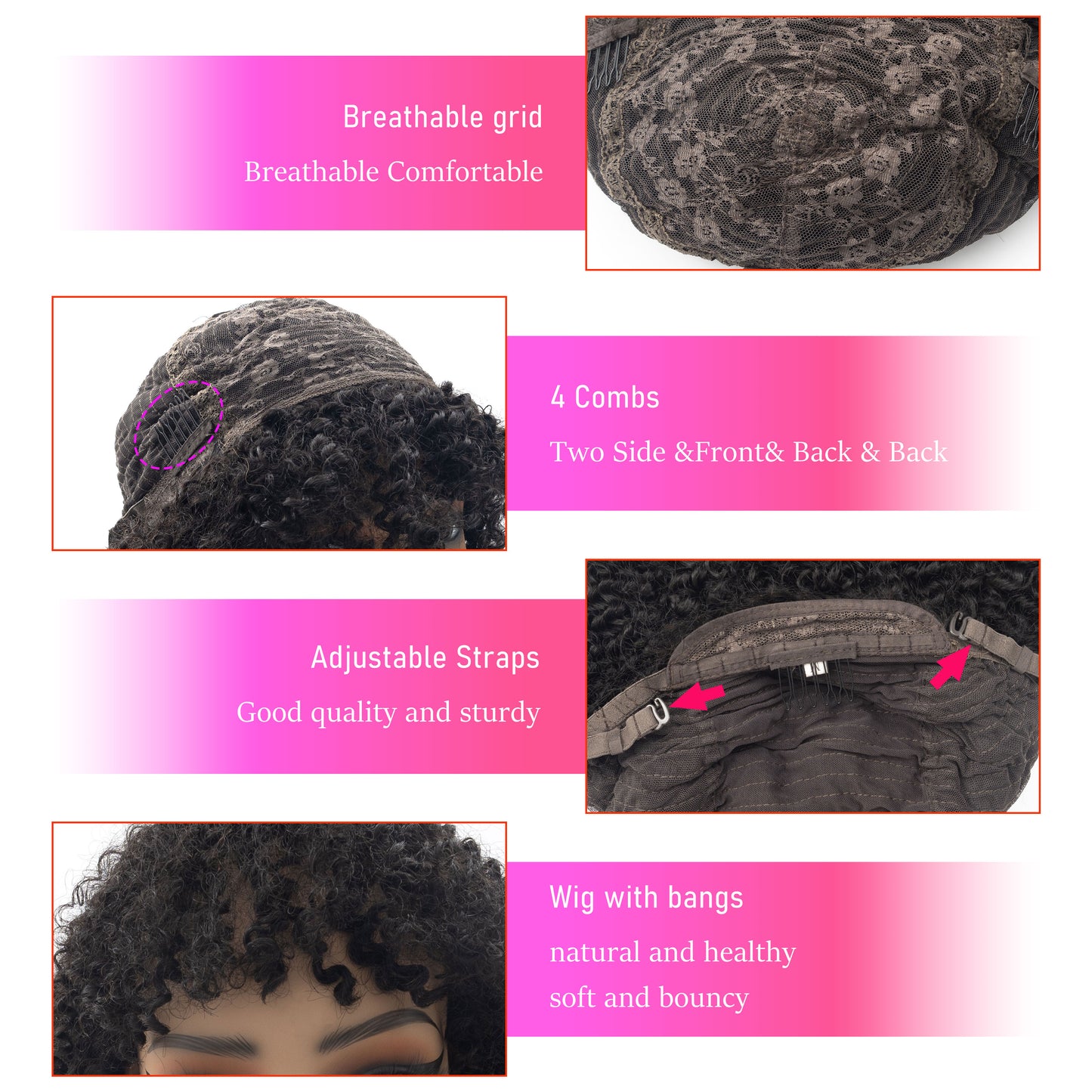 Full Thick Kinky Curly Glueless Wig With Bangs 100% Human Hair No Lace Machine Made Glueless Wigs for Black Women