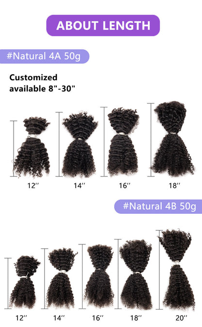 100% Human Hair Extensions Afro Kinky Bulk Hair Afro 4C for Braiding, Micro Twist,Locs