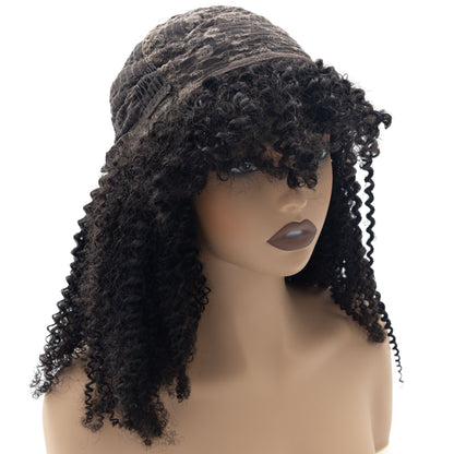 Full Thick Kinky Curly Glueless Wig With Bangs 100% Human Hair No Lace Machine Made Glueless Wigs for Black Women