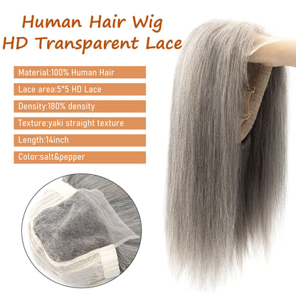 Pre Plucked Transparent 5x5 Hd Lace Front Wigs Glueless Yaki Straight Salt and Pepper Double Drown Human Hair Wigs for Woman