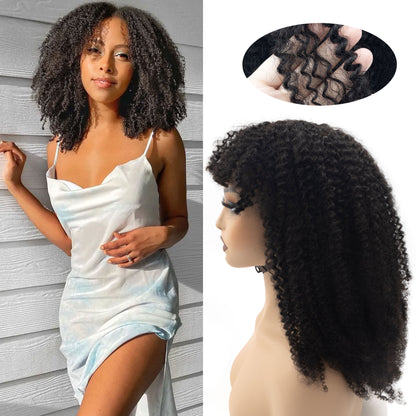 Full Thick Kinky Curly Glueless Wig With Bangs 100% Human Hair No Lace Machine Made Glueless Wigs for Black Women