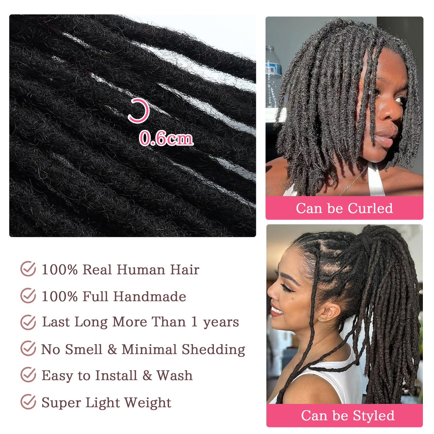20strands/pack 0.6CM Human Hair Dreadlocks Soft Crochet Handmade Afro Kinky Dread Locs Extension for African