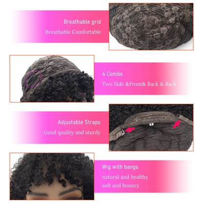 Full Thick Kinky Curly Glueless Wig With Bangs 100% Human Hair No Lace Machine Made Glueless Wigs for Black Women
